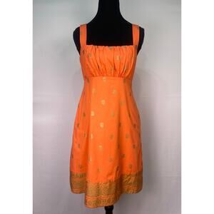 Maeve Anthropologie Orange Gold Indian Paisley 100% Cotton Mini Dress Size 0